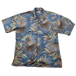 Tori Richard Hawaiian‎ Shirt Mens Large Blue Brown Leaf Print Cotton Made USA